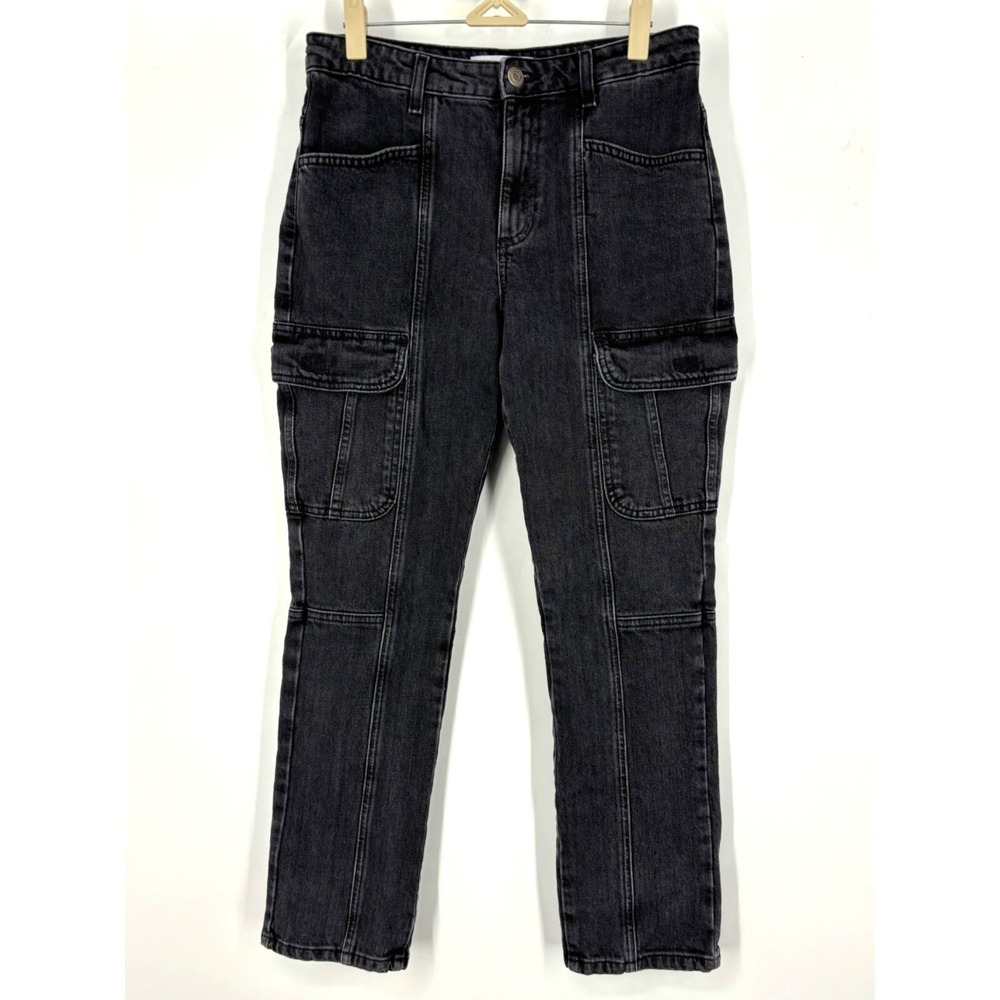 Zara Womens High Waisted Cargo Jeans Faded Black Slim Straight Utility 4